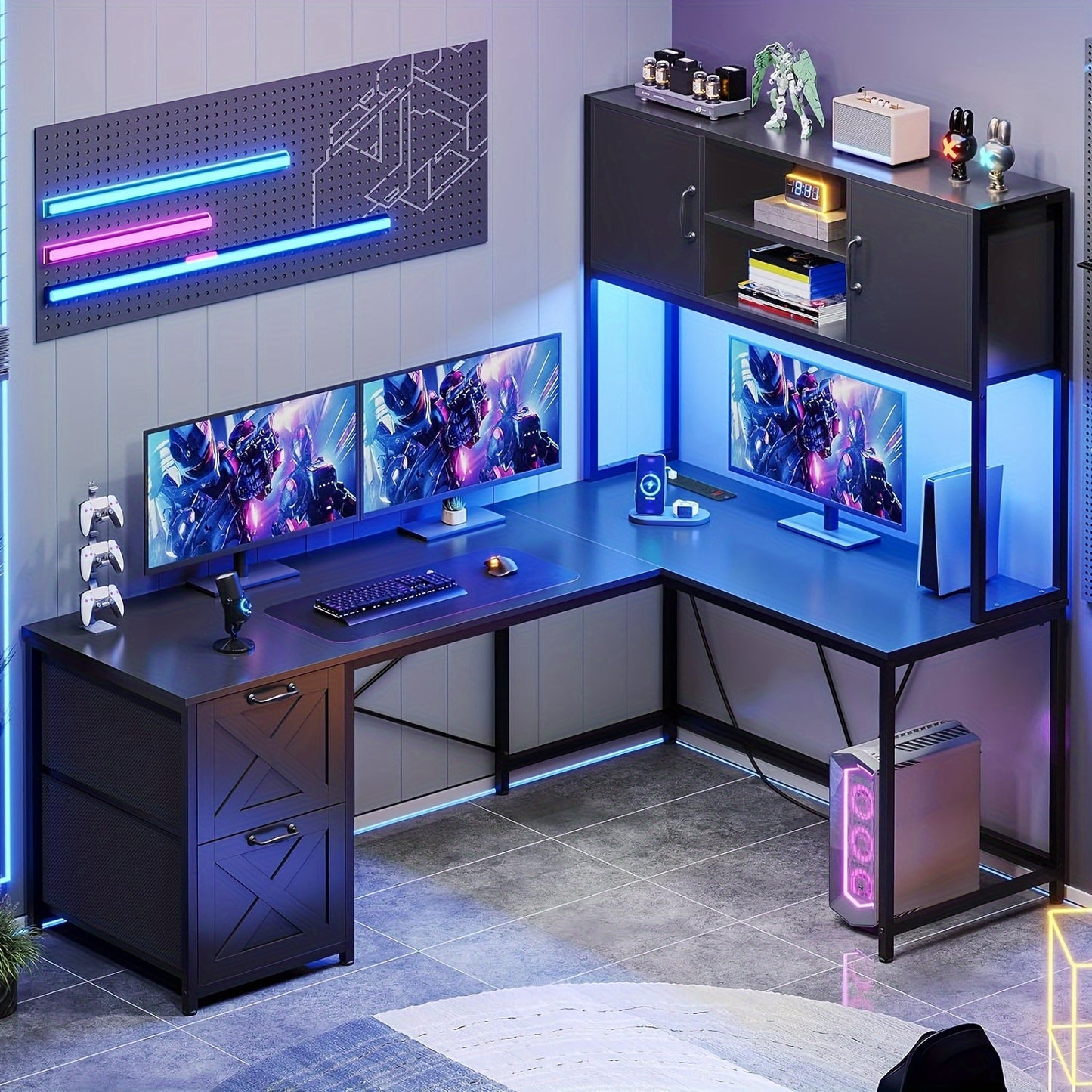 L-shaped Desk with Drawers, 62.2-inch Home Office Desk Featuring Fabric File Drawers and Power Outlets, L-shaped Desk with Storage Cabinet, Storage Shelf, LED Light