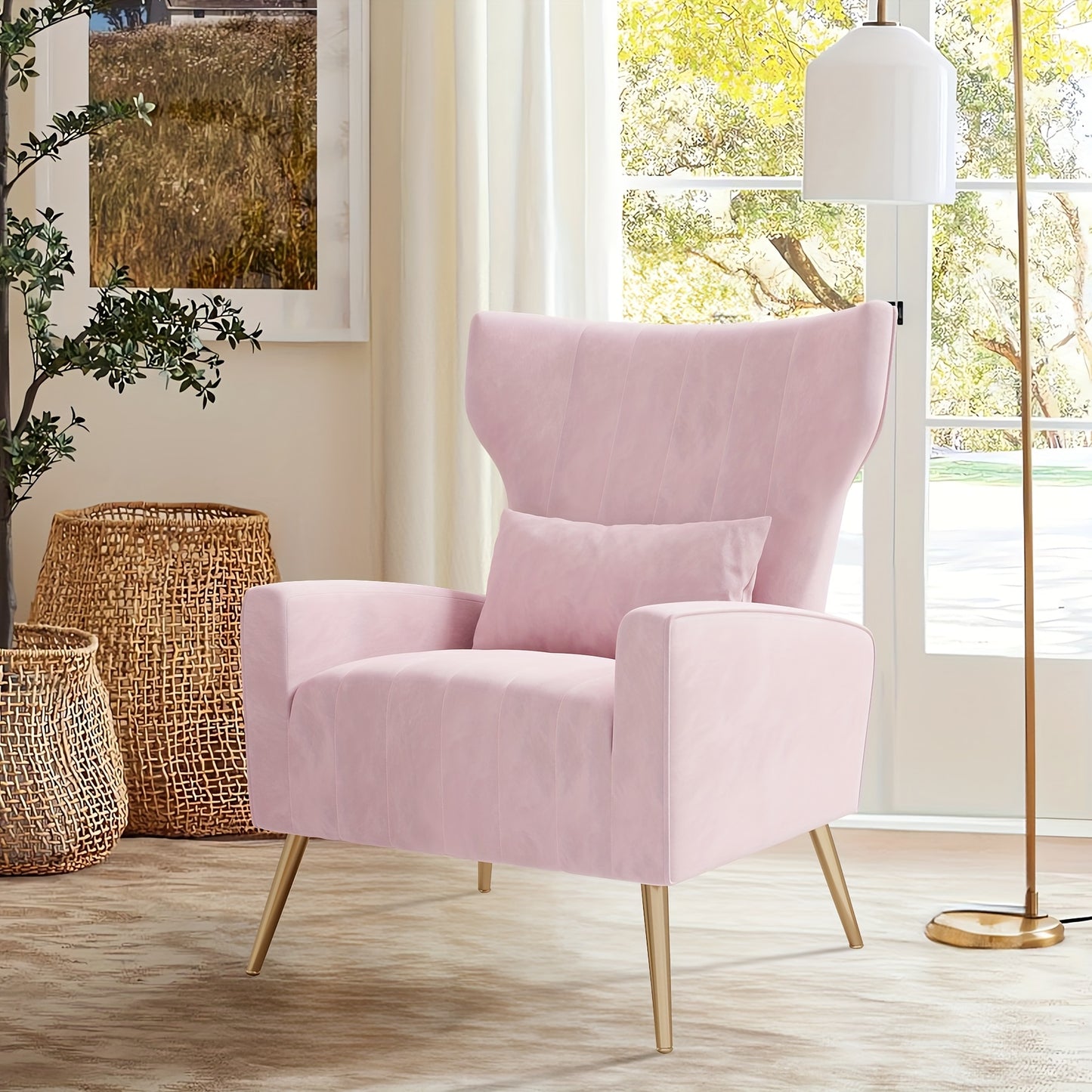 Velvet Accent Chair Wingback for Living Room, High Back Arm Chair with Golden Legs Lumbar Pillow, Upholstered Single Sofa Bedroom, Local Warehouse.