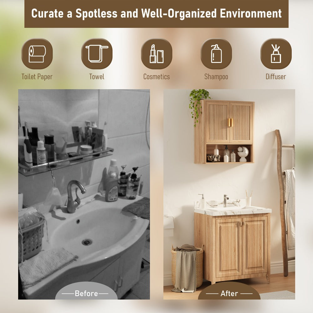 Modern Fluted Bathroom Wall Cabinet, 2-Door Medicine Cabinet with Golden Handles, Wall Mounted Storage Organizer Over The Toilet for Laundry Room & Kitchen