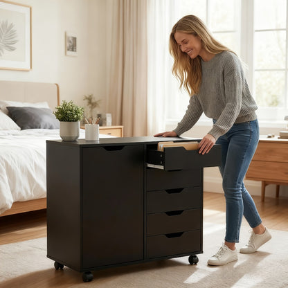 5-Drawer Office Storage Cabinet with Wheels & Printer Stand – Wooden Chest of Drawers with Adjustable Shelves & Locking Casters for Home Office, Black & White