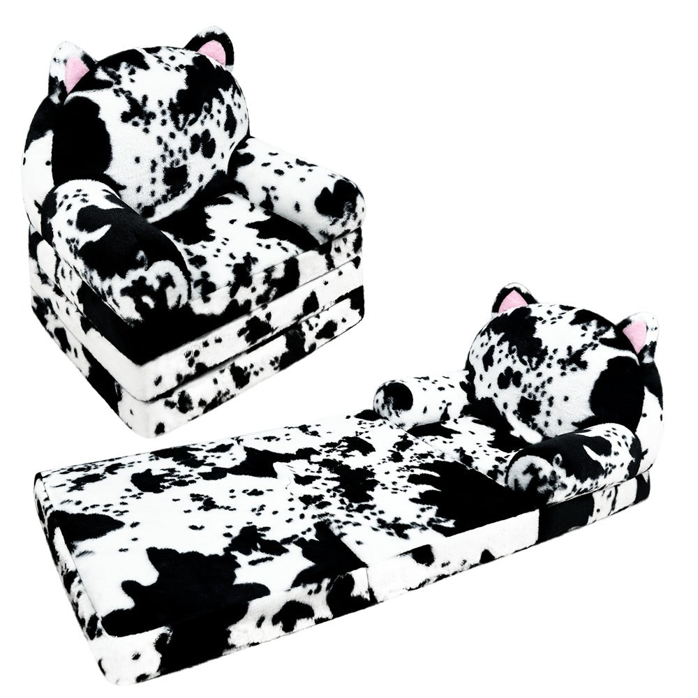 Kids Foldable Sofa Chair, Soft Plush Milk Cow Pattern 2-in-1 Flip Open Children's Lounger, Removable Washable Cover, Lightweight Comfy Animal Chair for Boys & Girls Reading Nook