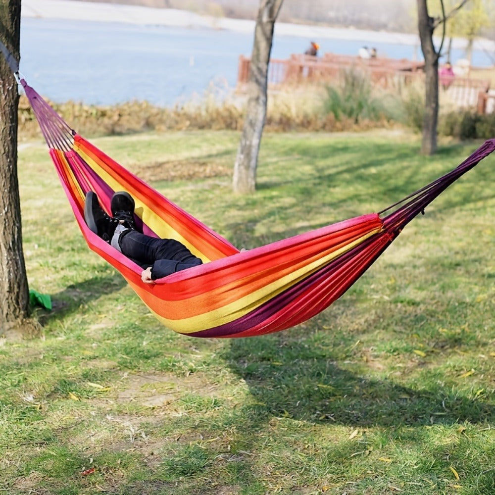 Striped Outdoor Camping Hammock with Anti-Roll Design, Tree-Friendly Straps & Storage Bag, Breathable Polyester Fabric for Backyard Garden Camping Hiking Indoor Use – 31.5" x 98.43"