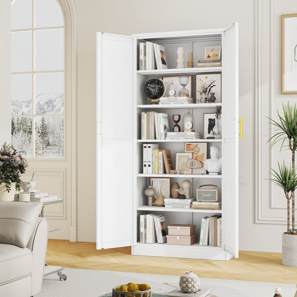 Metal Storage Pantry Cabinet 75" with Two Doors | Tall Freestanding Kitchen Storage Cabinet for Pantry, Garage, Laundry Room & Office | Adjustable Shelves | White, Black or Green