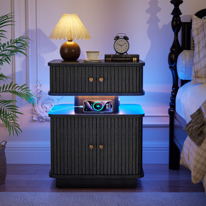 Nightstand With Multifunctional Charging Station | Bedside Table With TypeA+C Ports, Middle Ancient Style End Table With 2 Drawers, Sliding Door & Curvy Edge Design, Made of Engineered Wood, Brown Walnut End