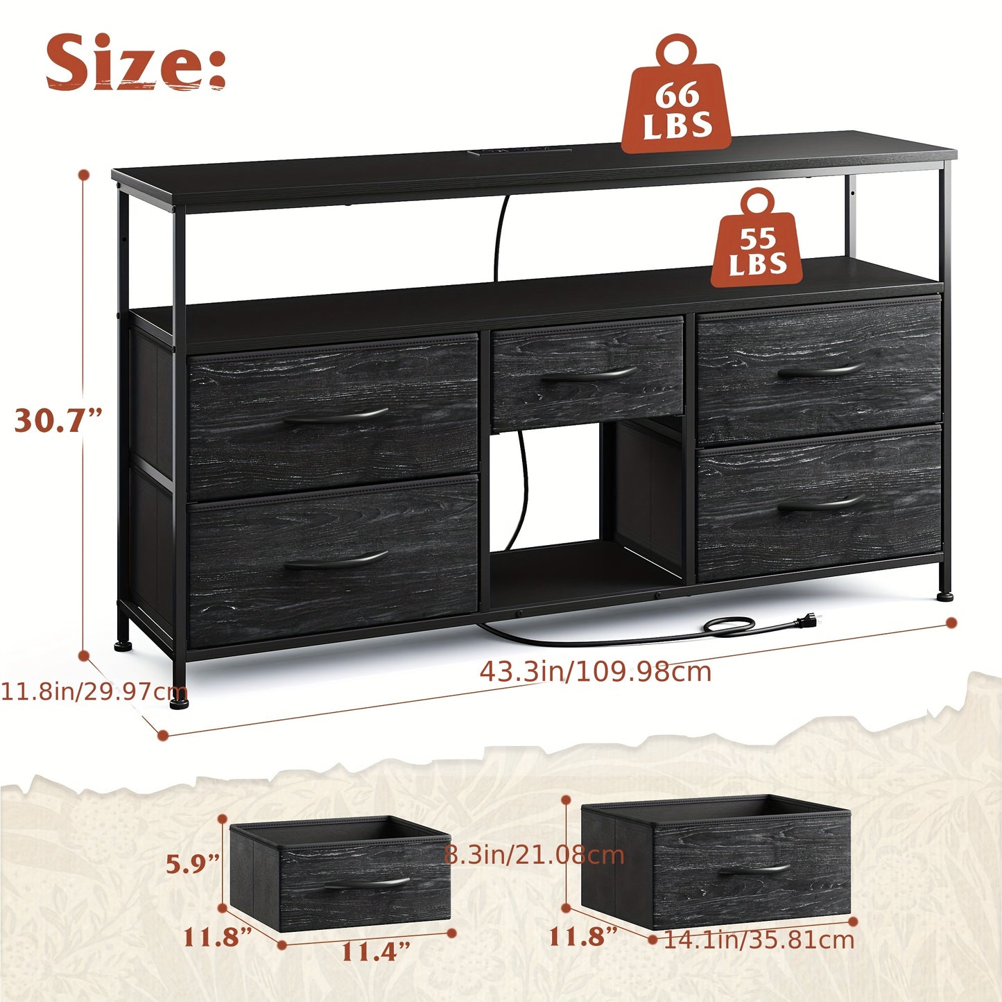 TV Stand Dresser With 5 Drawers, TV Stands Entertainment Center For 50 Inch Television, Media Console Table With Power Outlets And LED Lights, Office Lockers, Open Shelf, Living Room