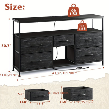 TV Stand Dresser With 5 Drawers, TV Stands Entertainment Center For 50 Inch Television, Media Console Table With Power Outlets And LED Lights, Office Lockers, Open Shelf, Living Room