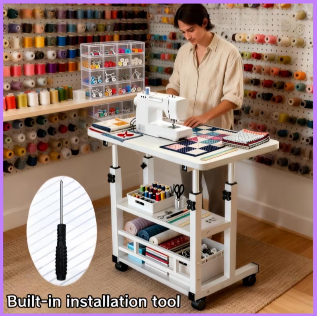 Adjustable Height Wheeled Mobile Table | Movable Multi-Purpose Side Table/Folding Table With Reinforced Frame And Lockable Wheels, Sewing Table With Lift Stand, Available In Black/White - Ideal For Bedrooms, Living Rooms, Studies, Small Spaces