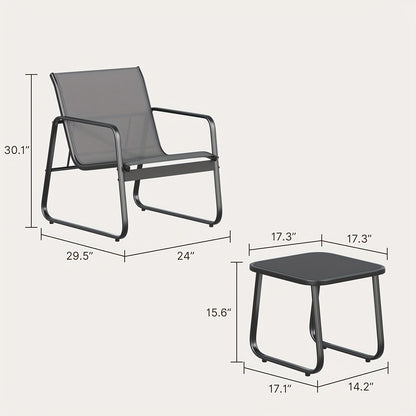 Patio Chairs Set of 3, Patio Furniture Set with Metal Frame Glass Table, Outdoor Chairs Set of 3 for Balcony, Bistro Table And Chairs Set for Lawn, (Black, Gray)
