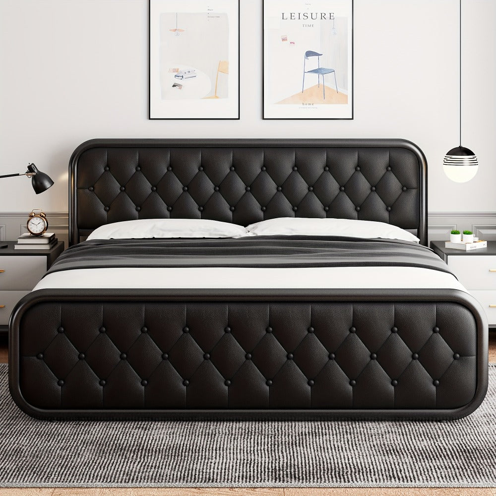Metal Platform Bed Frame with Faux Leather Headboard Heavy Duty Steel Slats 12 Inch Under Bed Storage Space Easy Assembly Full Queen King Black