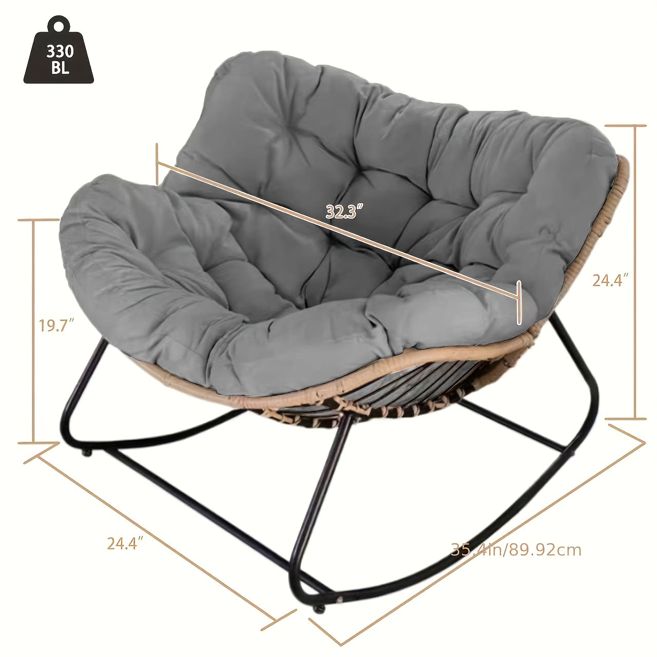 Patio Rocking Chair, A Papasson Recliner, Lounge/Egg Chair Outdoor/Indoor, Comfy Reading Chair for Porch/Garden/Patio/Camping, Spring/Summer Outdoor Furniture, Easter Gift, with Cushion