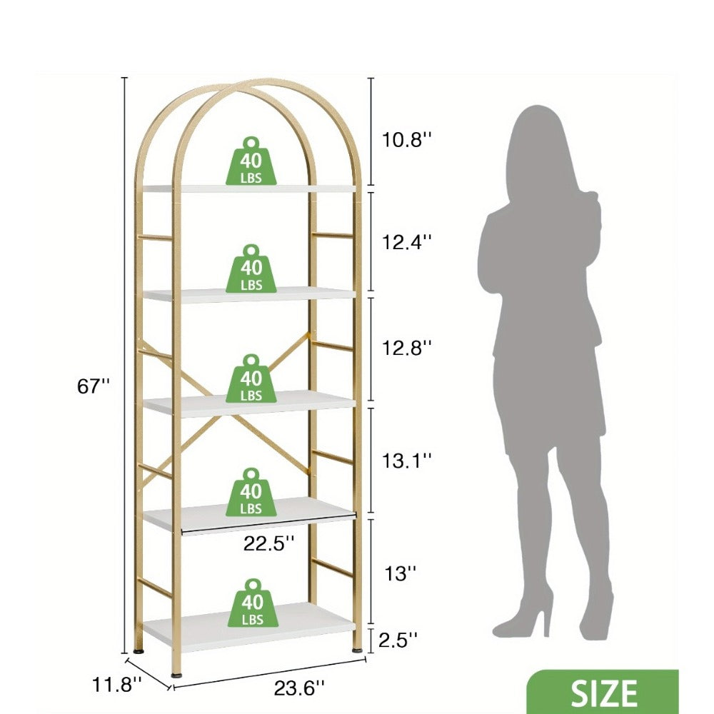 5-Tier Arched Bookshelf with Metal Frame – Tall Farmhouse Display Shelf for Bedroom, Living Room & Home Office, Grey Industrial Book Shelf Storage Rack