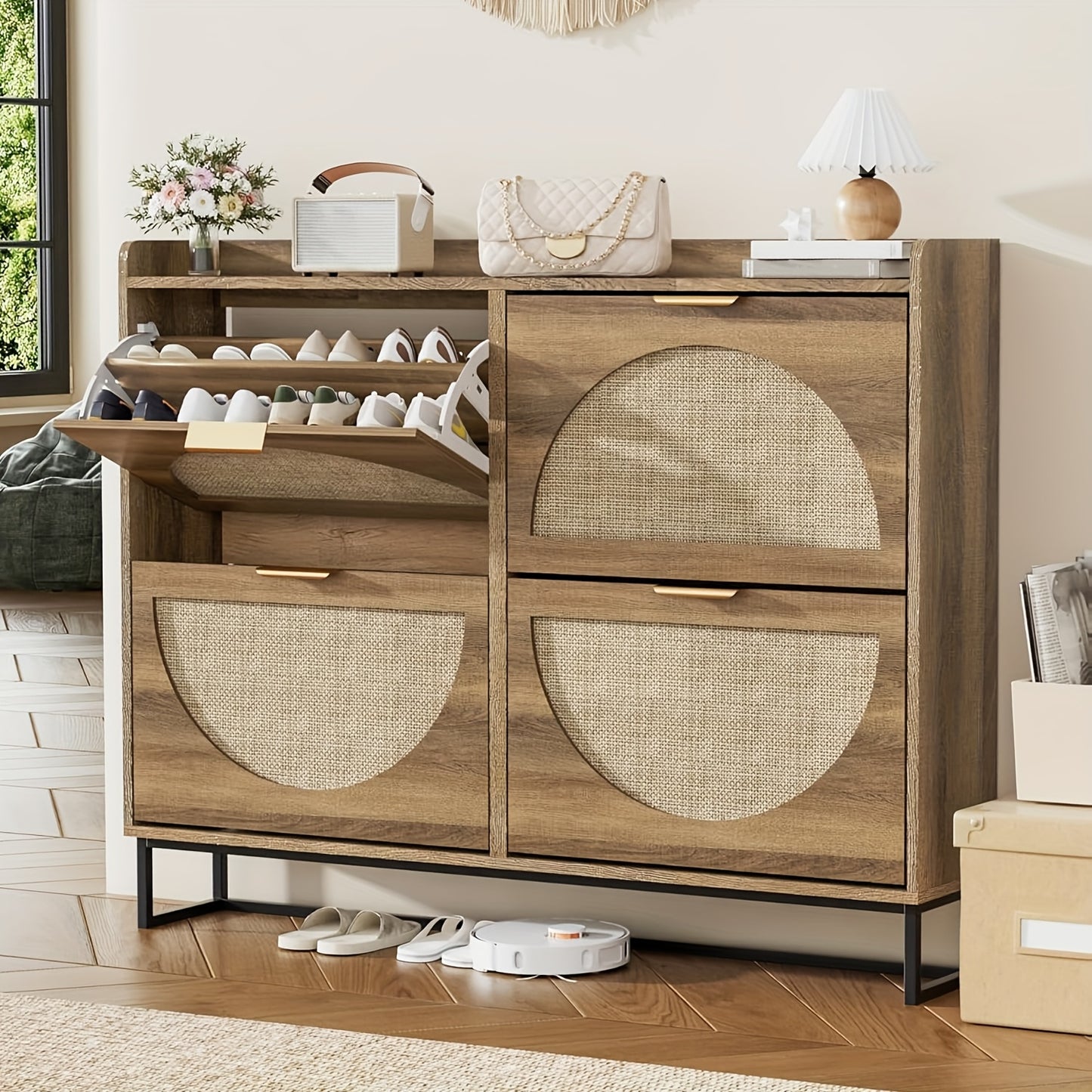 Rustic Oak Rattan Shoe Storage Cabinet, 2/3/4 Flip Drawers Freestanding Narrow Shoe Organizer, Shoe Rack With Sturdy Metal Legs And Hidden Golden Handles, Space Saving Hidden Footwear Storage Furniture Perfect For Entryway Hallway Front Door Home De