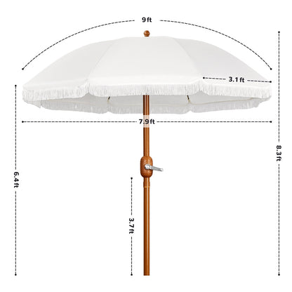 Costoffs 7.5ft/9ft Golf Umbrella with Tassels, Fringe Portable Beach Umbrella, Umbrella Outdoor Patio with Crank Operating Mechanism, Tilting Aluminum Pole, Fiberglass Ribs For Garden, Pool