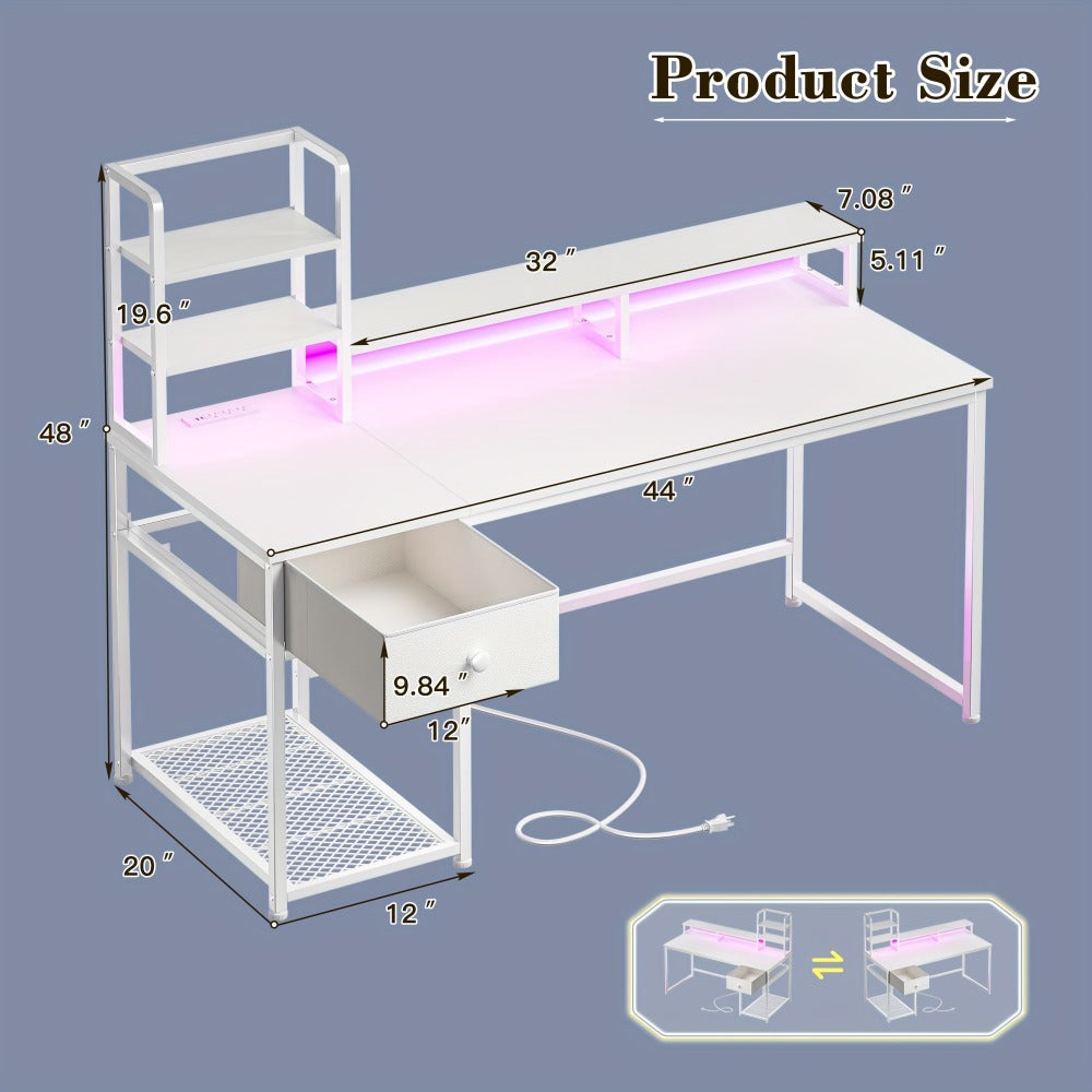 L-Shaped Computer Desk with Power Outlets and Storage Shelves, Corner Gaming Desk for Home Office Bedroom Dorm, Wood Metal Writing Study Desk with Monitor Stand in 3 Colors 4 Sizes