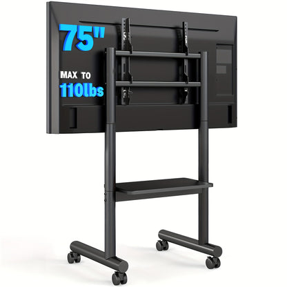 Universal Mobile TV Stand: Height-Adjustable Rolling Cart For 40-75 Inch TVs Up To 110lbs With Storage Shelf, Max VESA 400x400mm For Indoor/Outdoor Use.C