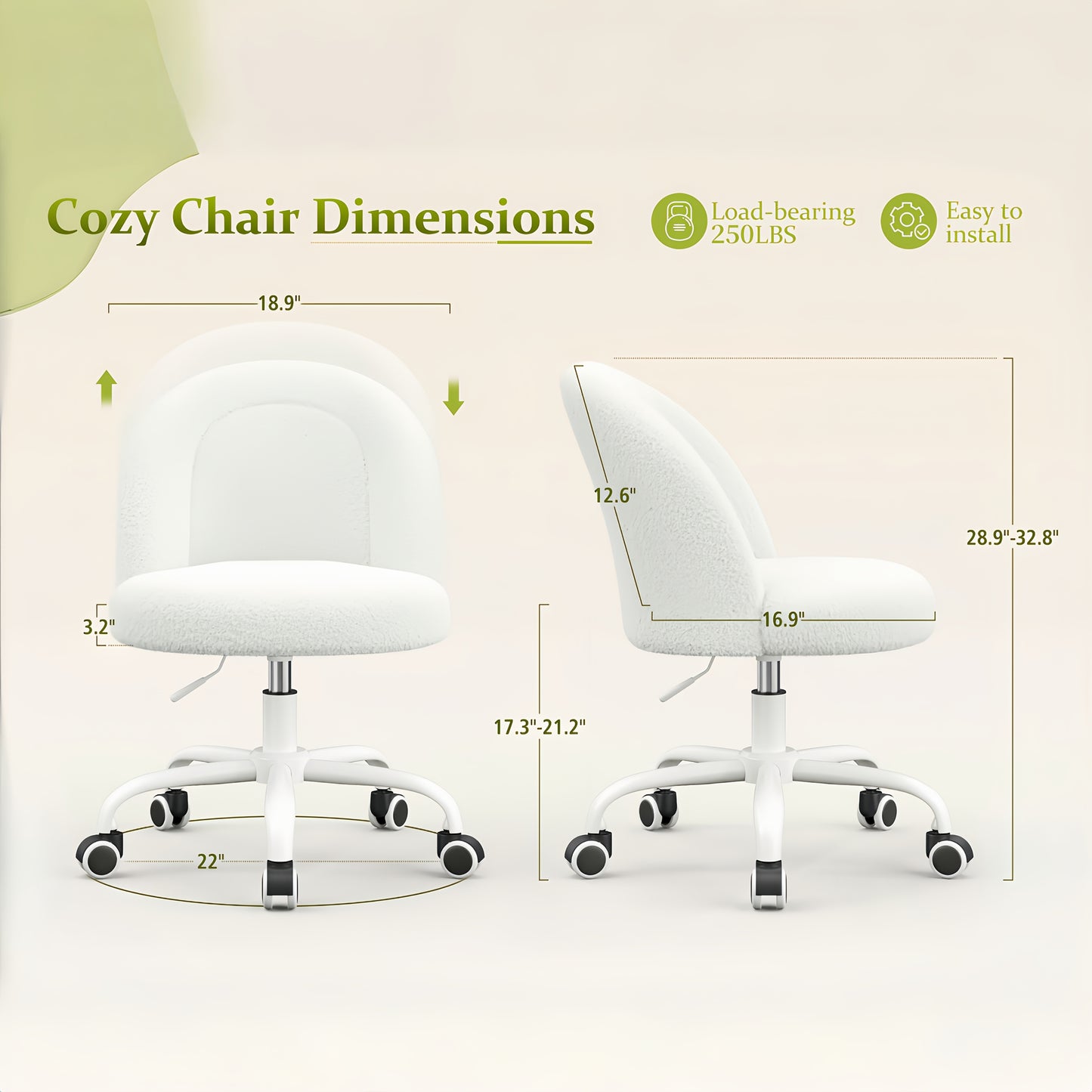 Vanity Chair With Lumbar Support, Adjustable Swivel Armless Desk Chair, Teddy Fleece, Compact For Small Spaces, Bedroom, Beige, Jelly Pink, White, Black, Grey