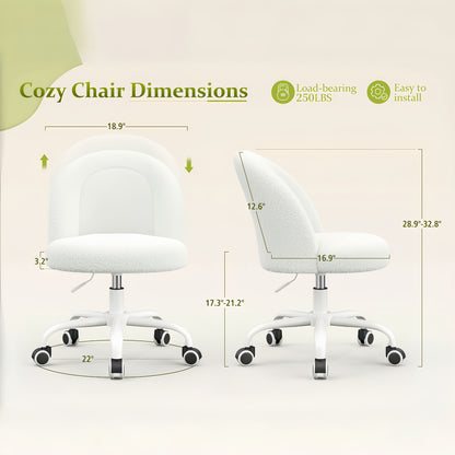 Vanity Chair With Lumbar Support, Adjustable Swivel Armless Desk Chair, Teddy Fleece, Compact For Small Spaces, Bedroom, Beige, Jelly Pink, White, Black, Grey