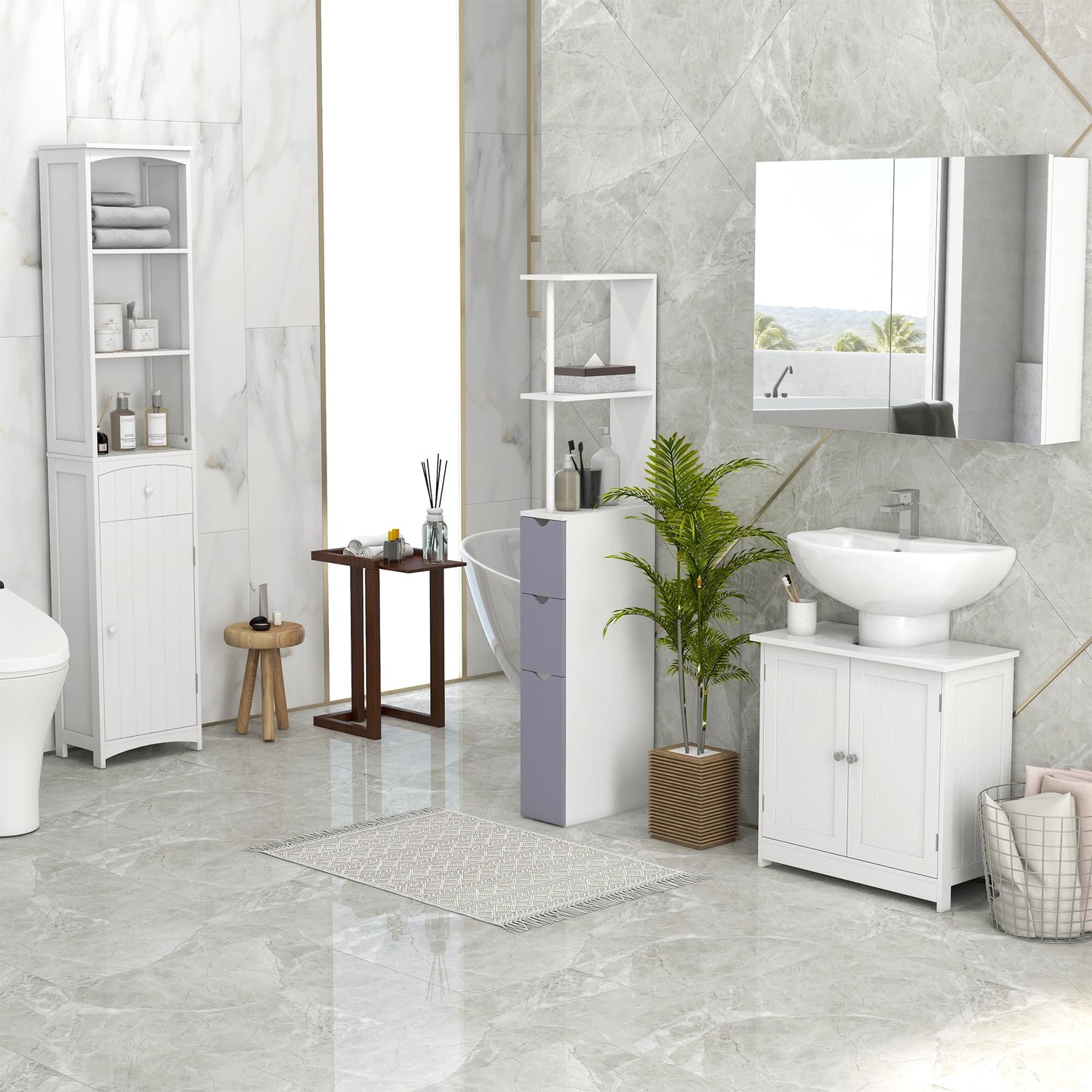 Under Sink Bathroom Cabinet with 2 Doors and Shelf, Pedestal Sink Bathroom Vanity Furniture, White