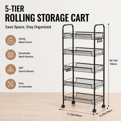 3/4/5-Tier Metal Rolling Storage Cart with Hooks & Mesh Baskets – 360° Swivel Wheels Kitchen Trolley for Narrow Gaps, Bathroom, Office & Garage