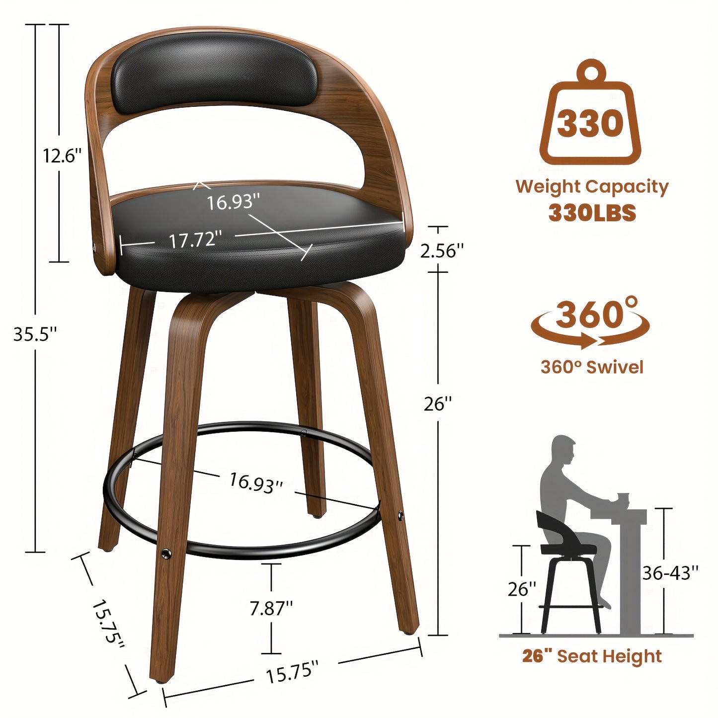 Modern 26" Counter Height Bar Stools Set Of 2, Ergonomic Faux Leather Swivel Chairs With Solid Wood Legs & Metal Footrest, Armless Design For Kitchen & Home Bar