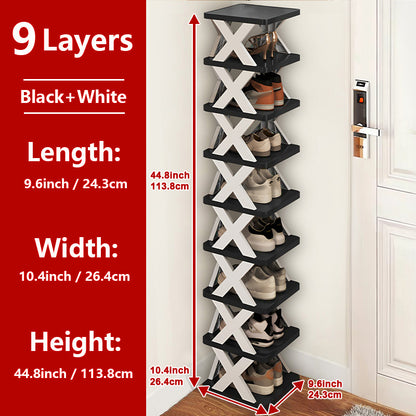6/9 Tier Narrow Shoe Rack Give Away Shoehorns, Small Vertical Shoe Stand, Space Saving DIY Free Standing Shoes Storage Organizer for Entryway, Closet, Hallway, Easy Assembly and Stable in Structure, White and Green / Black / Blue