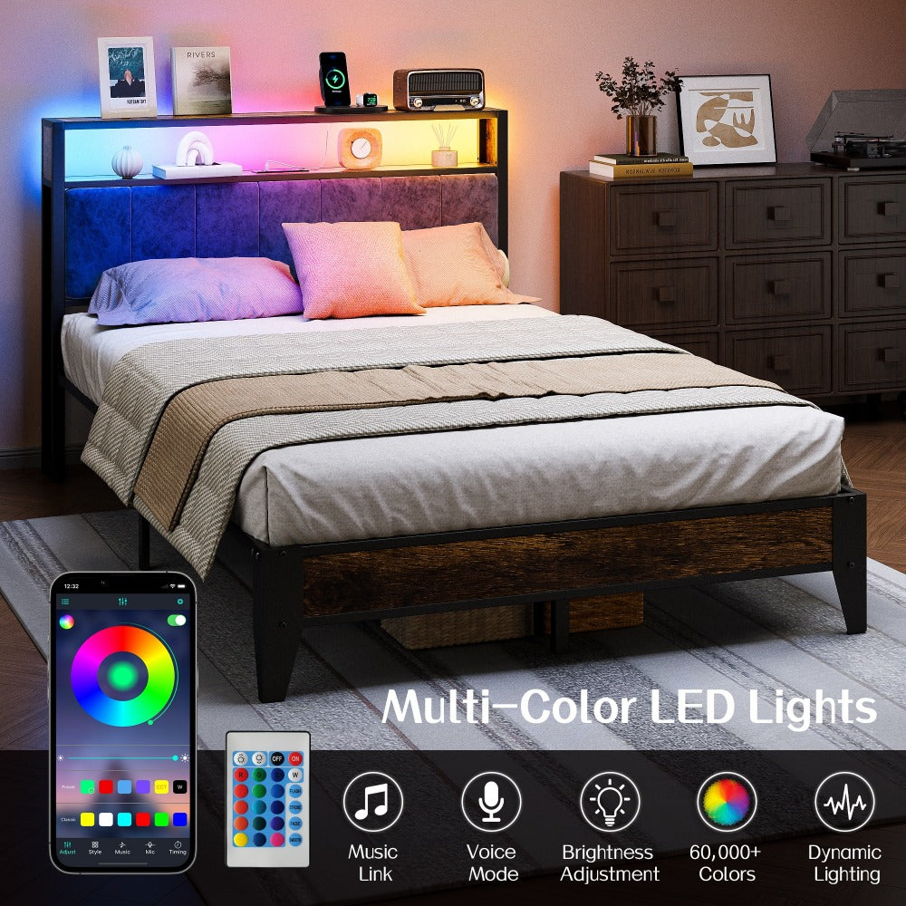 Metal Bed Frame with LED Lights, Headboard with Storage Shelves and Type-C USB Charging Port, Platform Bed No Box Spring Needed, Twin Full Queen King