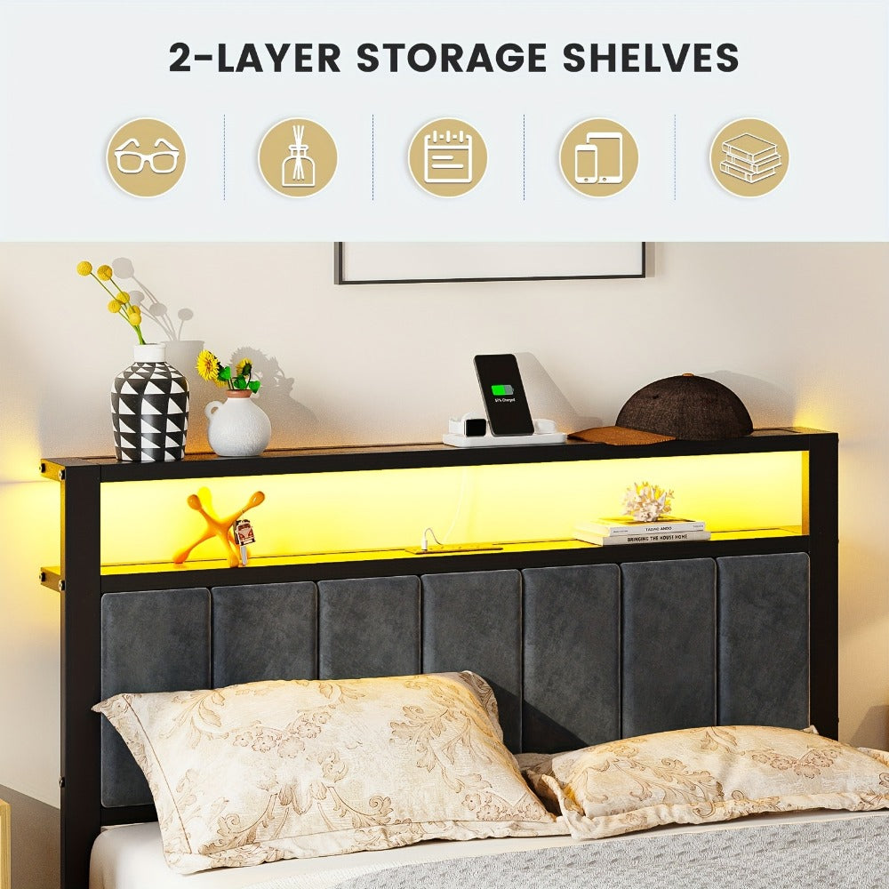 Metal Platform Bed Frame with LED Headboard & Type-C Charging Station – 2-Tier Storage, No Box Spring Needed, Twin Full Queen King