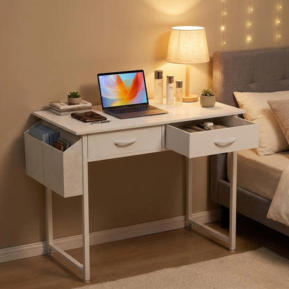 [Makeup Vanity Desk] 32" Small Makeup Vanity Desk with Storage Drawers And Side Bag, Compact Bedroom Dressing Table with Hair Dryer Hook, Modern Study Writing Desk for Small Spaces