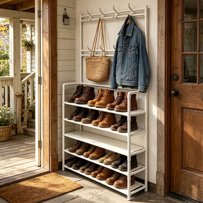 5-Tier Metal Shoe Rack With 8 Multi-Functional Hooks, Freestanding Entryway Organizer For Shoes, Coats, Hats & Bags, Space-Saving Shoe Storage Shelf For Hallway, Bedroom, Living Room