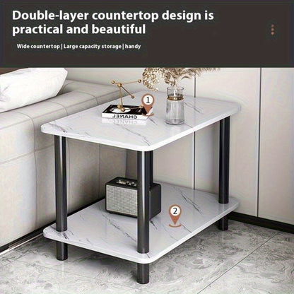 2-Tier Marble-Look Side Table Scratch-Resistant Top – Versatile Bedside Table & Coffee Table for Bedroom Balcony Living Room, White Black Brown