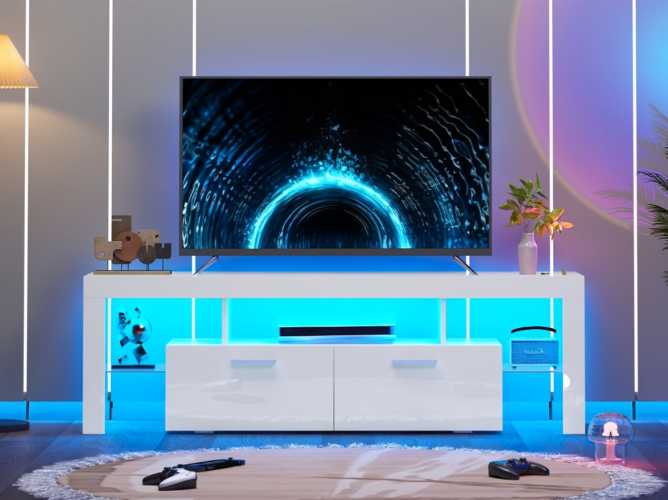 71" High Gloss White TV Stand with LED Lights for 55/65/75/80 Inch TVs, Gaming Entertainment Center with Cabinet for PS5, Modern Media Console Table with Glass Shelves for Living Room, Game Room, Bedroom