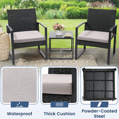 Outdoor Chairs with Bistro Table Furniture Set, Wicker Rattan 3pc Conversation Set includes 2 Waterproof Chairs with Thick Cushions and 1 Bistro Table with Safety Glass Top, Clearance