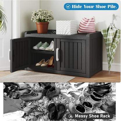 Outdoor Storage Bench with Double Doors & Adjustable Shelf, Entryway Storage Cabinet for Garden Tools & Outdoor Gear, 31.89" Patio Storage Stool in Black & Light Brown, Holiday Gift Idea