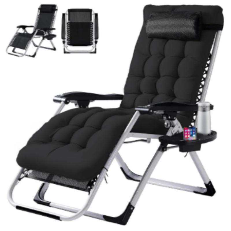 [Indoor/Outdoor Recliner] Zero Gravity Recliner, Foldable Headrests, Recliner With Cup Holder Tray And Detachable Cushion, Indoor/Outdoor Foldable Recliner, Black/Gray