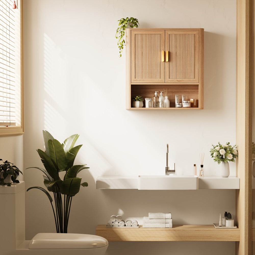 Modern Fluted Bathroom Wall Cabinet, 2-Door Medicine Cabinet with Golden Handles, Wall Mounted Storage Organizer Over The Toilet for Laundry Room & Kitchen