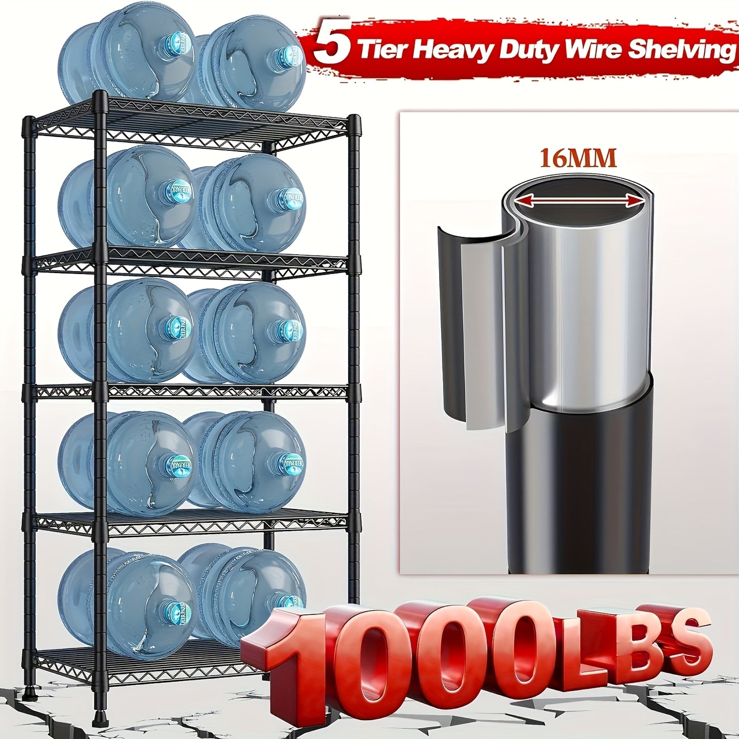 5 Tier 1000LBS Wire Shelving, 1000LBS Metal Shelves Adjustable Storage Shelves Metal Shelving Unit for Storage Wire Rack Shelving Garage Shelf Closet Shelves Pantry Shelf, 60 "H X 13.58" D X 21.45 "W
