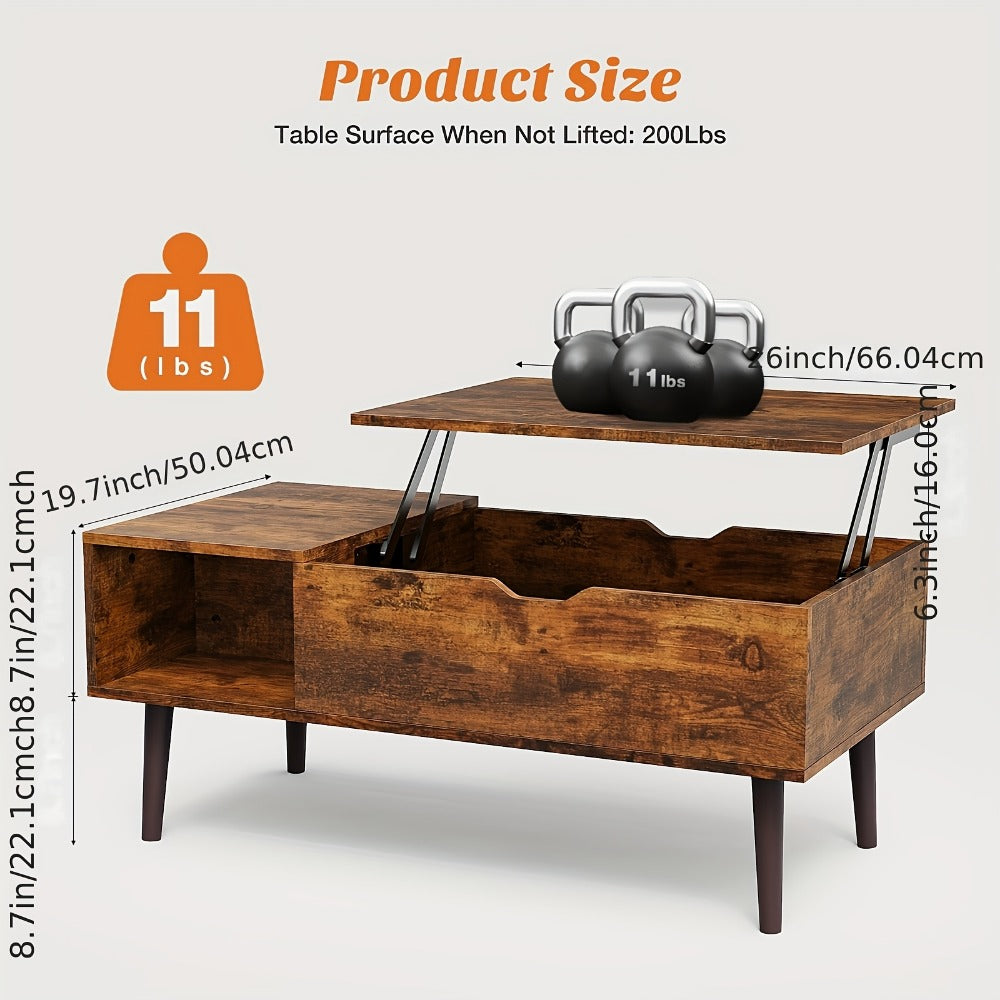 Lift Top Coffee Table with Storage Compartment & 2 Cubbies | Adjustable Height, Brown Wood, Metal Frame, Contemporary Style, Easy Assembly | OLIXIS