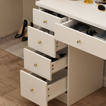 Vanity Desk Set with Large Mirror 5 Drawers Cushioned Stool and Storage Shelves 55 Inch Tall 70 Lbs Capacity Makeup Dressing Table with LED Light Option White Black