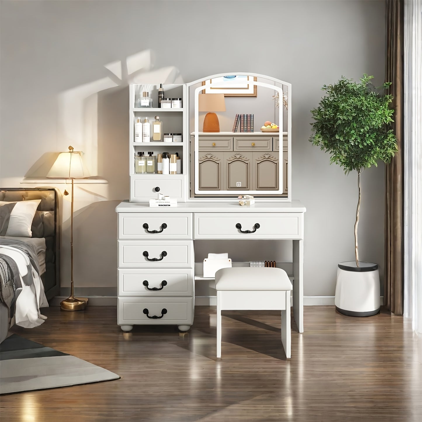 [Dressing Table With Mirror] White Dressing Table With Sliding Mirror And Stool 4 Drawers Home High-End Bedroom Dressing Cabinet Integrated Small Apartment