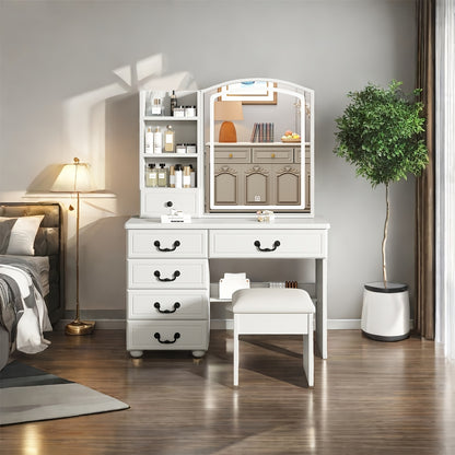 [Dressing Table With Mirror] White Dressing Table With Sliding Mirror And Stool 4 Drawers Home High-End Bedroom Dressing Cabinet Integrated Small Apartment