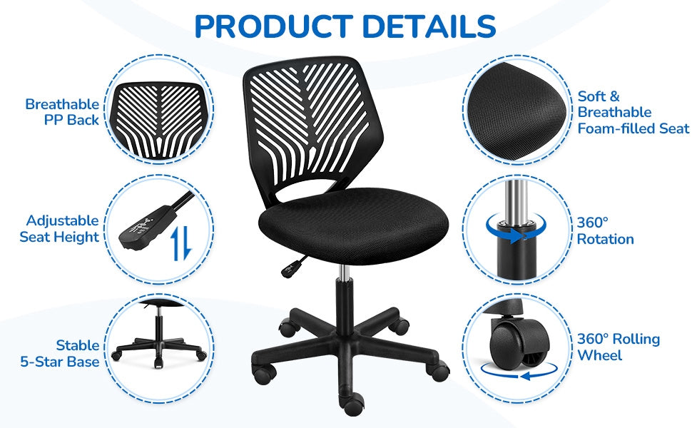 Costoffs Ergonomic Office Chair Armless Height Adjustable Swivel Task Chair with Lumbar Support for Home and Study, 300lb Weight Capacity, Black/Turquoise/Dark Gray/Rose red/Purple/Green/Blue, Christmas Gift