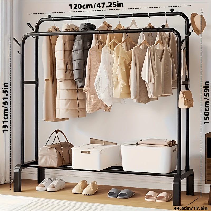 Upgraded Garment Rack with Double Metal Rods, Clothing Rack Heavy Duty Clothing Racks for Hanging Clothes, Steel-Plastic Dual-Rod Black Hanger, Freestanding Wardrobe Closet Rack, for Bedroom
