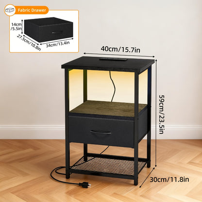 1/2 Bedside Table with Charging Station, LED, and Drawer, PU-finished Nightstand, Suitable for Bedroom, Bedside Table, Bathroom, Black/rustic Brown/white