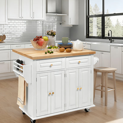 Rolling Kitchen Island with Drop Leaf, Thicken Rubberwood Top, Spice Rack, Towel Rack, Drawer, 43.3" Portable Mobile Kitchen Island Carts Table, Storage Cabinet, Both Wheels And Feet