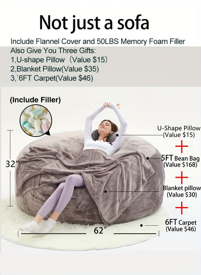 Beanbag Sofa Chair Set, Contains Bean Bag Chair, U-Shape Pillow, Blanket, And 6FT Carpet. Large Round Soft Removable Machine Washable Beanbag Sofa, with Filling, 50 Lb Memory Sponge Filled Living Room Bedroom Gamingroom Sofa Bed Relaxation