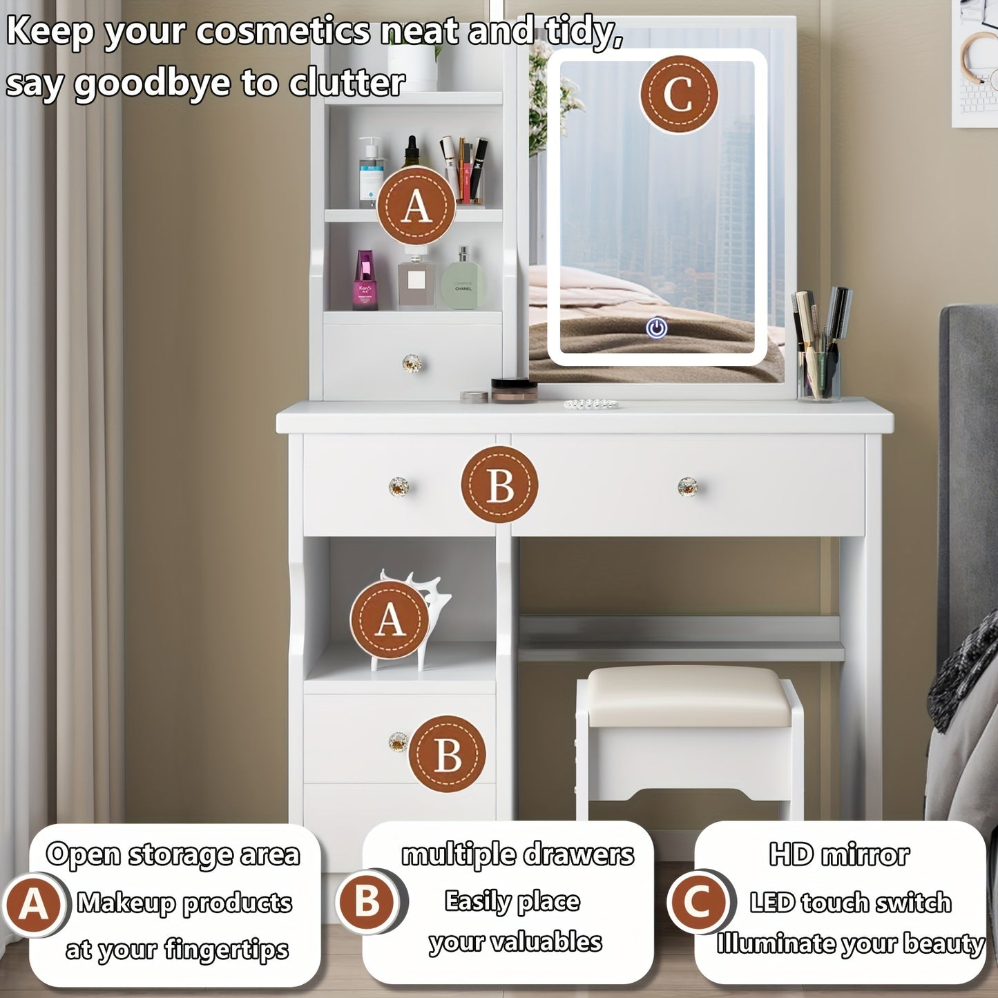 Vanity Desk, Makeup Vanity Desk with Mirror And Lights, Vanity Table Set with 5 Drawers, Stool And Open Shelves, 3 Light Settings Adjustable Brightness, White