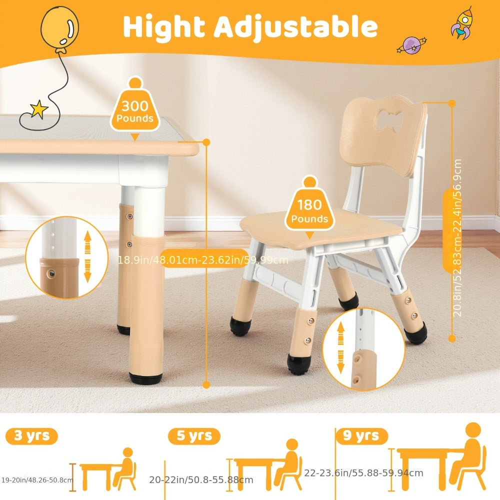 Kids Adjustable Height Table & Chair Set – Non-Slip Legs, Easy-Clean Surface, 23.6"x23.6" Plastic Construction, for Home & Daycare, Boys & Girls, Yellow or Grey