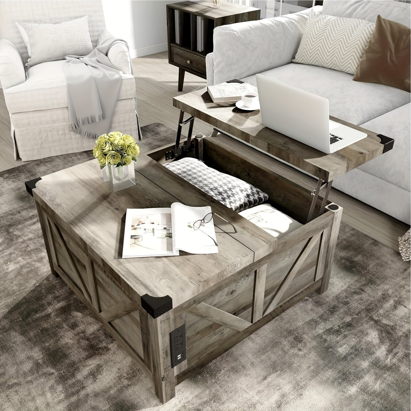 Farmhouse Lift Top Coffee Table with Storage, Wood Square Center Table with Charging Station&USB Ports, Living Room Central Table W/Large Hidden Space, for Living Room, Bedroom, Home Office