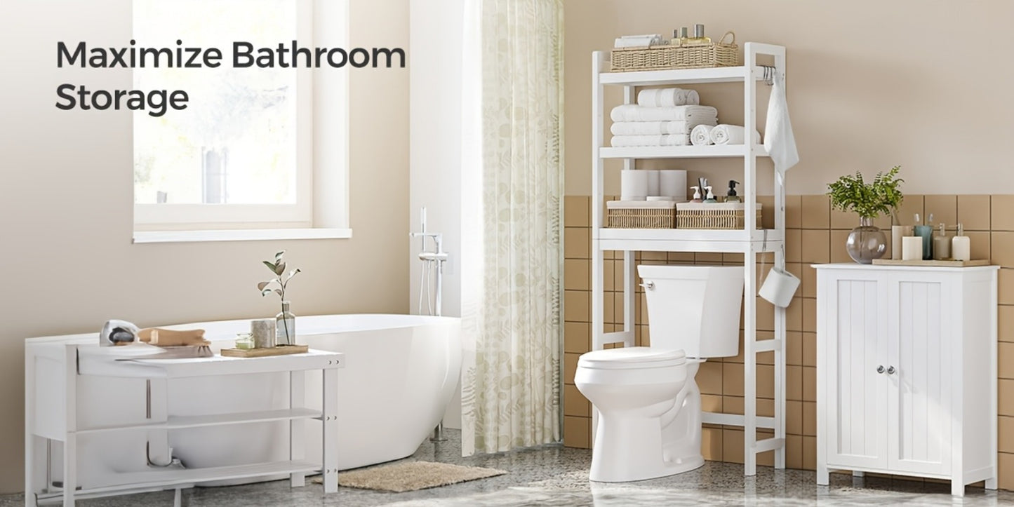 Over The Toilet Shelf Unit 3 Tier Adjustable Rust Resistant Bamboo MDF, Space-Saving Bathroom Organizer for Towels Toilet Paper Toiletries Vertical Storage