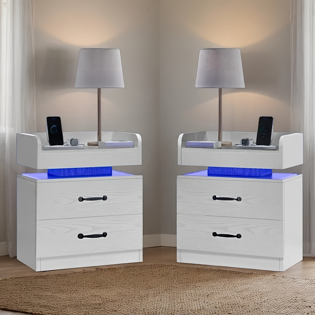 [LED Night Stand] Aerotier Decor, 1pc & 2pcs Black/White LED Night Stand With Charging Station, 1pc & 2pcs Bedroom Nightstand With 2 Drawers, LED Side Table For Bedroom & Living Room, Narrow Entryway Table, Smart Nightstand With Charging Station